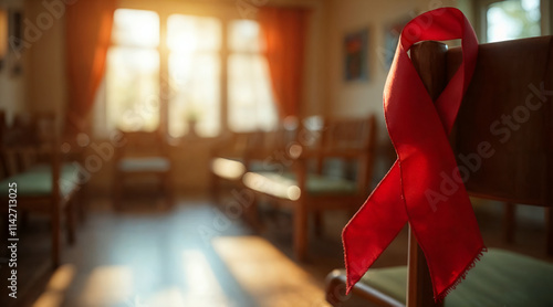 Symbol of Hope: Red Ribbon for AIDS Awareness in a Sunlit Room photo