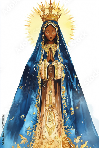 Mary, African saint and mother of Jesus, portrayed in prayer. Wearing a golden crown and blue robe. Nossa Senhora Aparecida, Brazilian Catholic icon photo