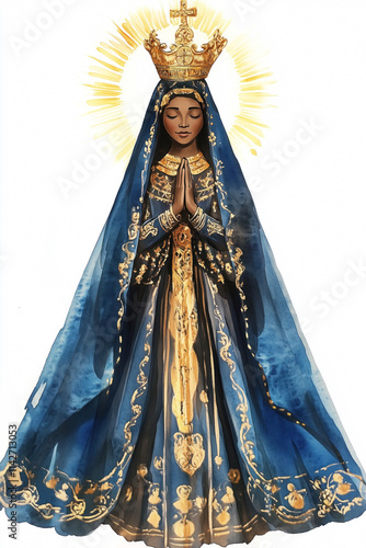 Depiction of Mary, Jesus’s mother, as an African saint. Golden crown, blue robe. Nossa Senhora Aparecida, Brazilian icon of Catholic faith. photo