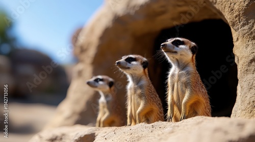 Curious Meerkats Peering Out from a Rocky Hideaway in a Natural Habitat Capturing Their Playful Spirit and Intriguing Behavior in a Wild Setting photo