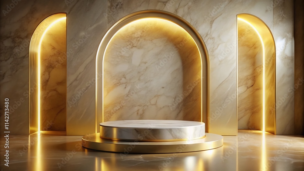 Luxurious Marble & Gold Podium: 3D Rendered Empty Showcase for Product Display Luxurious Marble & Gold Podium: 3D Rendered Empty Showcase for Product Display