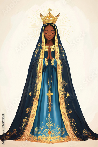 Mary, the revered mother of Jesus, as an African queen saint in prayer. Wearing a blue robe and golden crown. Nossa Senhora Aparecida, a Brazilian Catholic icon. photo