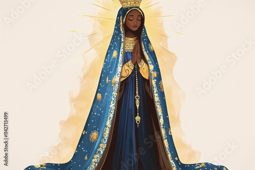 Nossa Senhora Aparecida, Mary as an African queen saint. In prayer, she wears a golden crown and blue robe. A Brazilian and African Catholic saint. photo