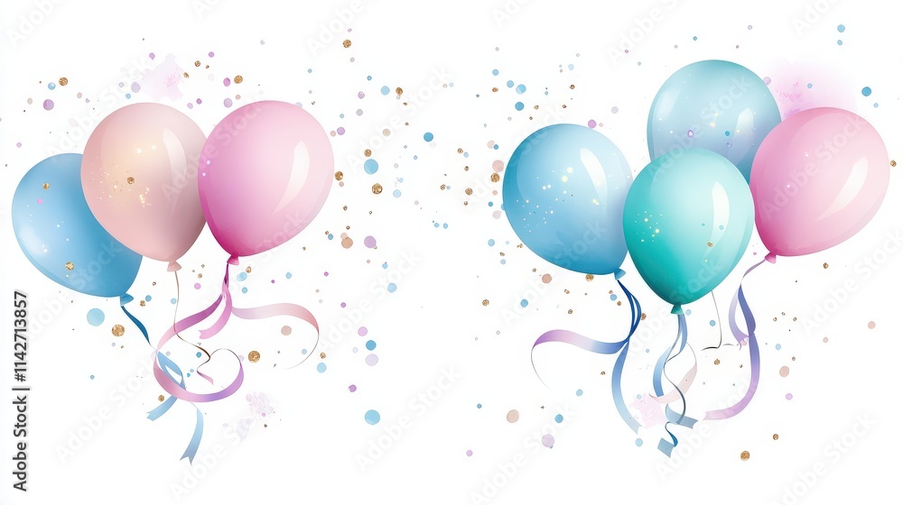 Flat vector illustration of pastel balloons tied with soft watercolor ribbons, gently floating with subtle sparkles, in a cute and festive style, isolated on white. Flat vector illustration of pastel balloons tied with soft watercolor ribbons, gently floating with subtle sparkles, in a cute and festive style, isolated on white.