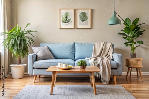 Cozy living room interior, mid-century modern style, light blue sofa, wooden coffee table, potted plants, botanical prints on wall, teal pendant lamp, beige textured wallpaper, natural light, minimali