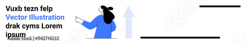 Woman with black hair, in blue clothing, pointing to upward arrow. Text placeholders on left and right. Ideal for business growth, progress, success, presentations, reports, infographics, websites