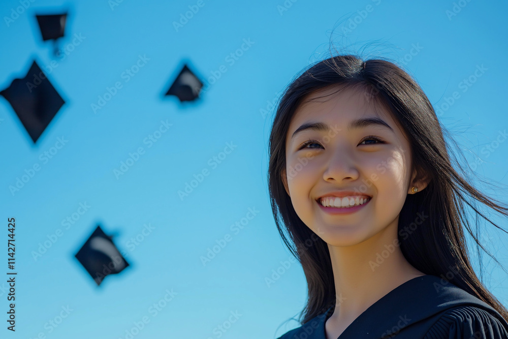 Bright smiles and flying caps celebrate graduation day under sunny skies. Generative AI Bright smiles and flying caps celebrate graduation day under sunny skies. Generative AI