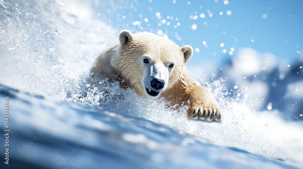 Majestic Polar Bear Gracefully Swimming Through Crystal Clear Ocean Waters Surrounded by Vibrant Marine Life Under a Bright Sunny Sky Majestic Polar Bear Gracefully Swimming Through Crystal Clear Ocean Waters Surrounded by Vibrant Marine Life Under a Bright Sunny Sky