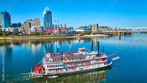 Photography Aerial of paddle wheel Riverboat and Cincinnati Skyline on Ohio River