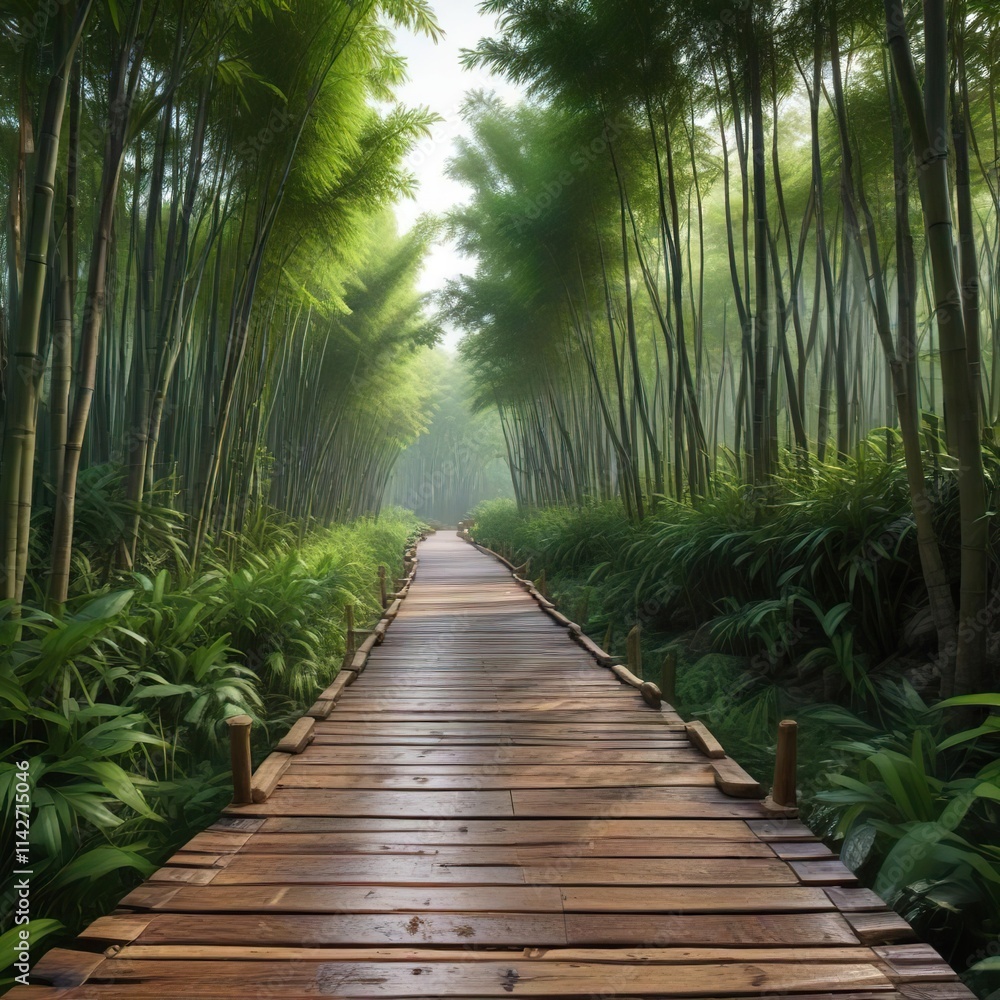 Quiet wooden walkway amidst thick bamboo forest, Foliage, Wildlife, Natural, Rainforest Quiet wooden walkway amidst thick bamboo forest, Foliage, Wildlife, Natural, Rainforest