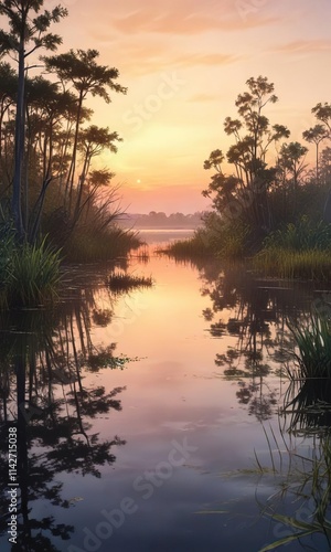 Wallpaper Mural Quiet and serene watercolor painting of the everglades at sunrise, serene mood, peaceful artwork Torontodigital.ca