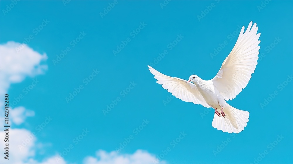 Fototapeta premium Beautiful white dove flying in the blue sky with copy space, a peaceful concept background.
