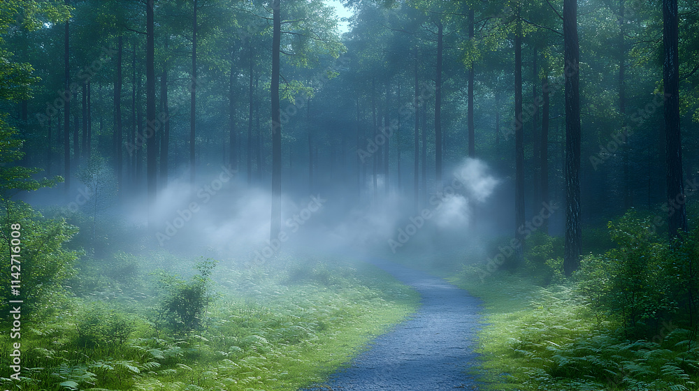 Obraz premium Misty Forest Path Tranquil morning walk through pine trees, fog swirls, nature background, ideal for wellness or travel.