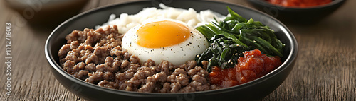 Delicious Asian Bowl, Ground Beef, Rice, Egg, Spinach, and Spicy Sauce photo