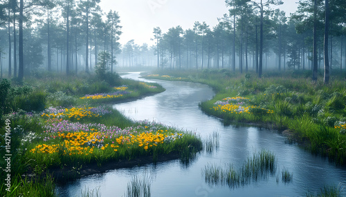 Wallpaper Mural Misty morning river flows through blooming wildflowers in pine forest; serene nature background for travel, wellness, or eco-tourism brochures. Torontodigital.ca