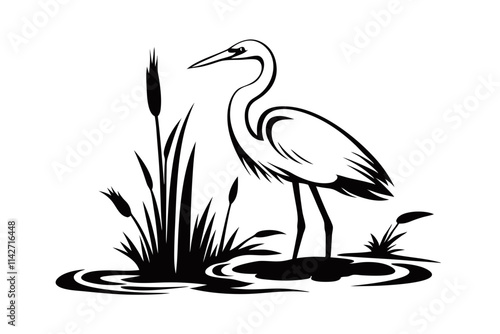 Silhouette of a great egret standing on a water bank with reeds, representing bird, nature, and wildlife themes photo