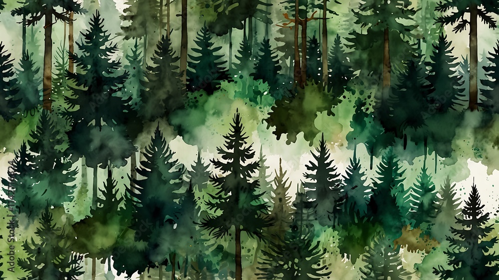 Obraz premium Enchanted Evergreen Forest: A Watercolor Dream