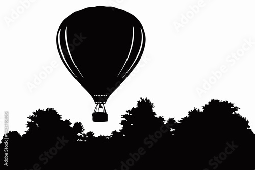 Black hot air balloon silhouette with a scenic background of trees and sky perfect for travel, adventure, and outdoor themes