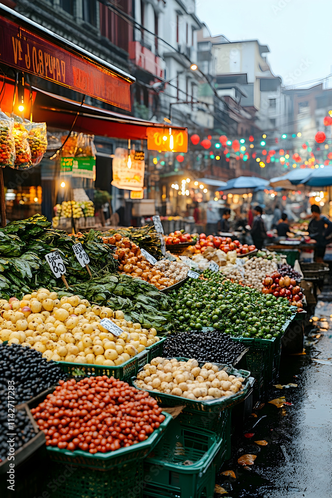 Fototapeta premium Rainy Day Produce Market Street Scene, Asian City, Food Shopping, Culinary Background, Stock Photo.