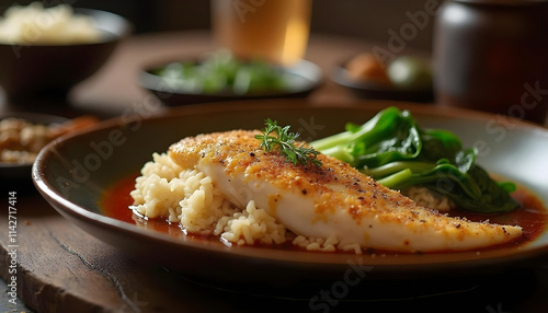 Grilled barramundi fillet with asparagus, cherry tomatoes, rice and yellow sauce on plate