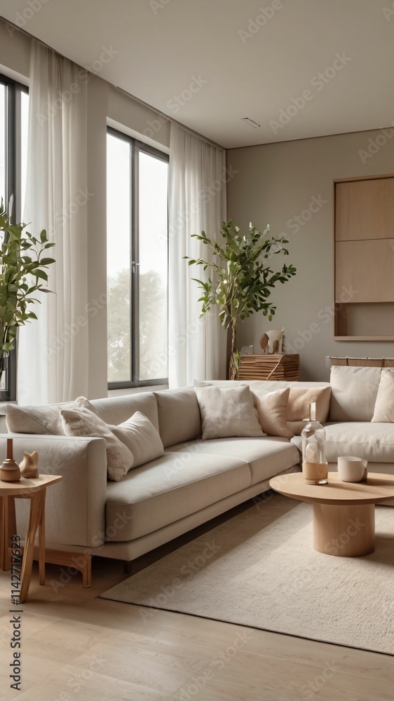 Fototapeta premium White modern room with sofa. Scandinavian interior design Generative AI