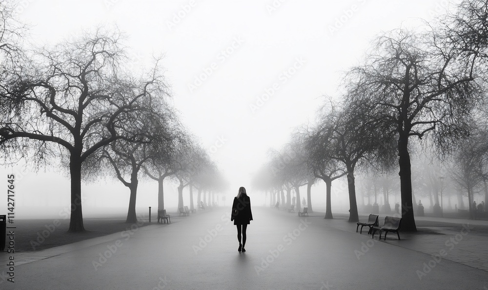 A solitary figure walks through a foggy park lined with bare trees. A solitary figure walks through a foggy park lined with bare trees.