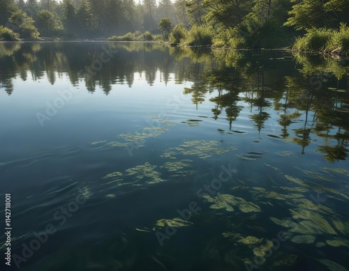 Shimmering ripples on a serene lake's surface with hints of aquatic vegetation, water, serene lake, shimmering