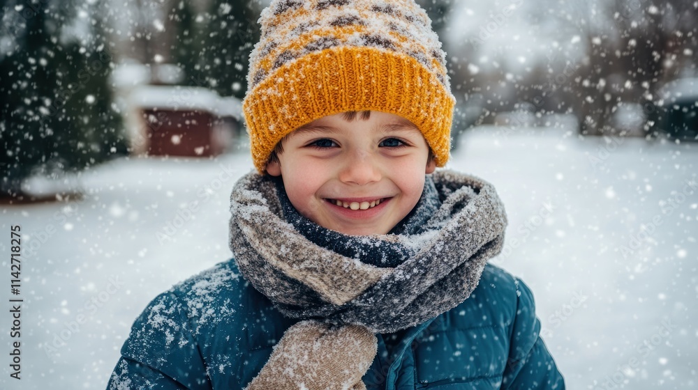 A smiling boy in a snowy landscape, wearing a colorful hat and scarf. A smiling boy in a snowy landscape, wearing a colorful hat and scarf.