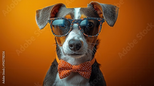 Dog wearing sunglasses and a bow tie poses against an orange background for a fun and playful portrait photo