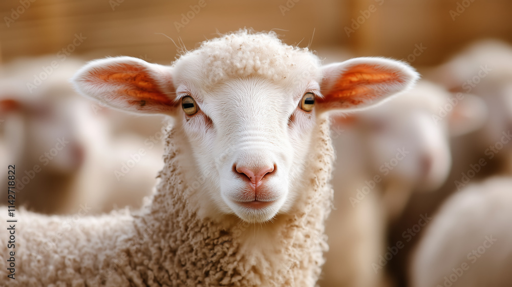 Close-up of a curious sheep in a flock with soft wool on a farm during daylight Close-up of a curious sheep in a flock with soft wool on a farm during daylight