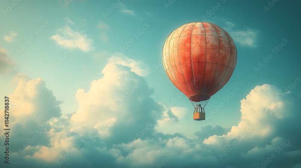 Naklejka premium Playful vector graphic of a whimsical hot air balloon soaring against a serene sky, capturing the joy of adventure and freedom ::2 vibrant colors, floating journey, cloudscape backdrop, childlike