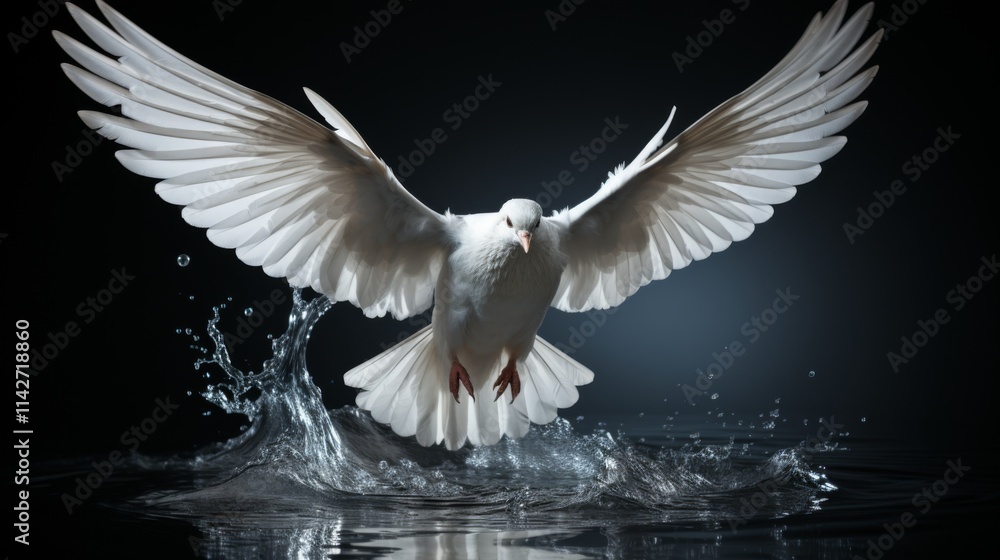 Obraz premium White dove taking flight from water, showcasing elegance and freedom in a dramatic, dark setting