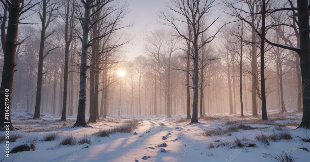 Snowy Forest with Bare Trees and Fading Light, natural scenery, snowy forest, winter wonderland Snowy Forest with Bare Trees and Fading Light, natural scenery, snowy forest, winter wonderland