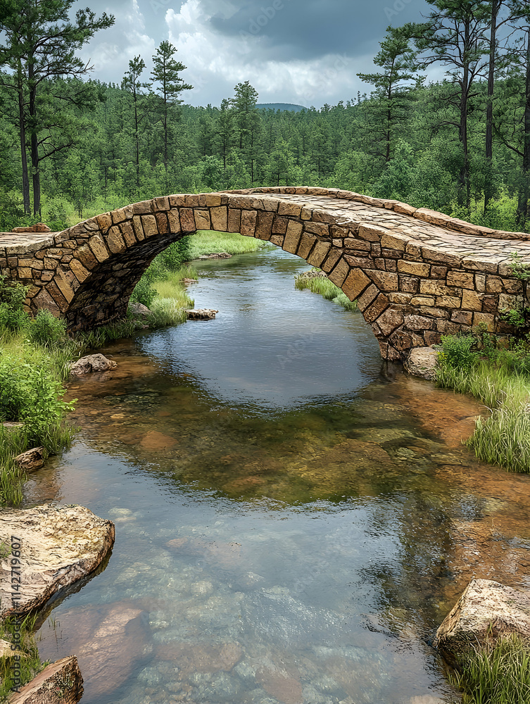 Stone bridge spanning creek in forest, calm water, cloudy sky, nature scene, travel photography. Stone bridge spanning creek in forest, calm water, cloudy sky, nature scene, travel photography.