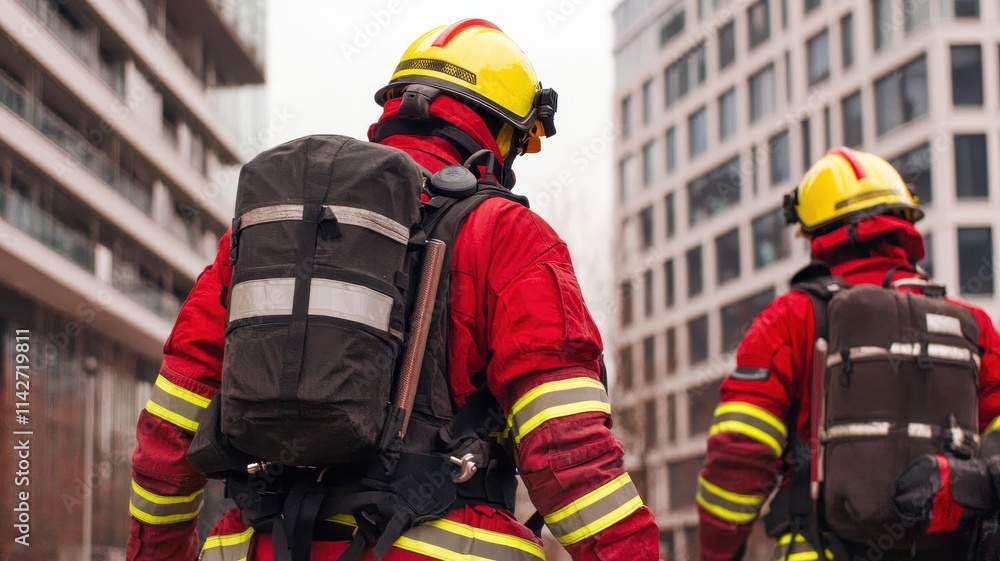 For emergency protocols, Firefighters in protective gear respond to an emergency in an urban environment, showcasing bravery and teamwork. For emergency protocols, Firefighters in protective gear respond to an emergency in an urban environment, showcasing bravery and teamwork.