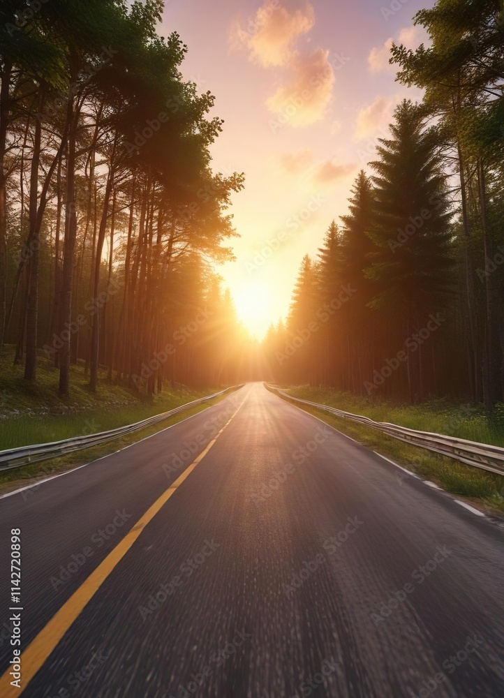 Spectacular sunset over a wide race track in the green woods, sunset, green, panoramic Spectacular sunset over a wide race track in the green woods, sunset, green, panoramic