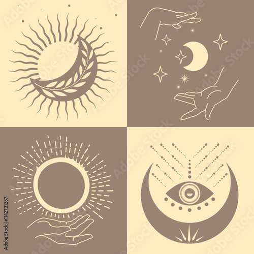 Astrological, esoteric symbols. Sun, stars, planets, moon, crescent