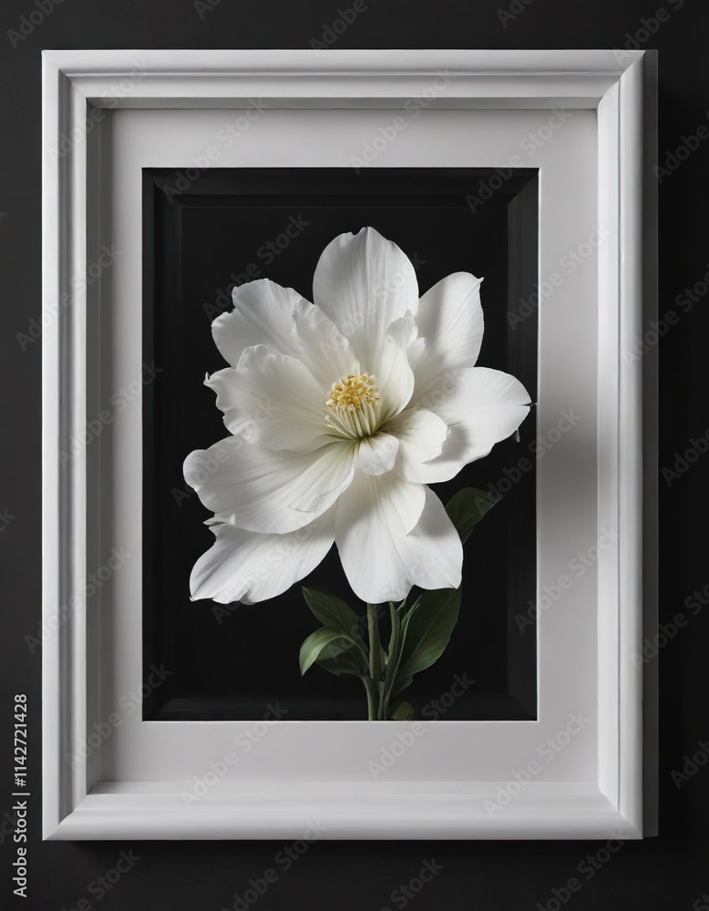 Stylish artwork featuring a white flower set in a white frame against a black base, high contrast, versatility, timeless design Stylish artwork featuring a white flower set in a white frame against a black base, high contrast, versatility, timeless design