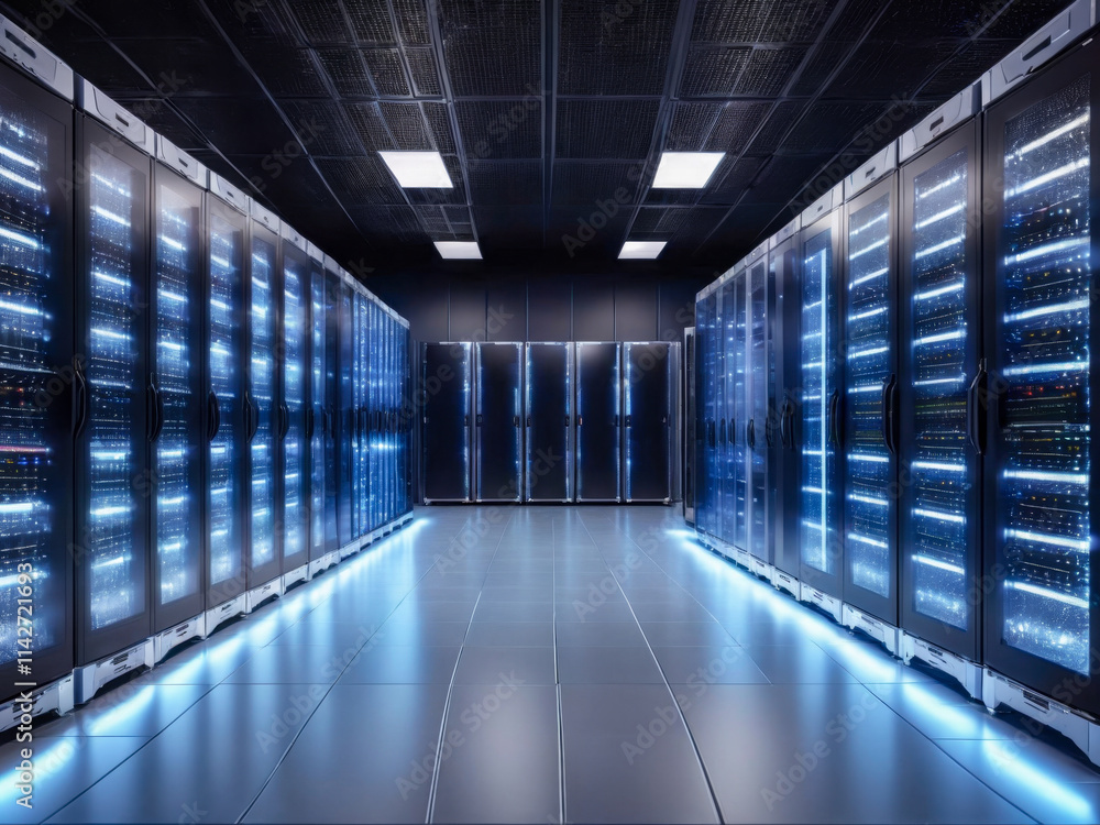 Illuminated Server Room Data Center Corridor. Illuminated Server Room Data Center Corridor.