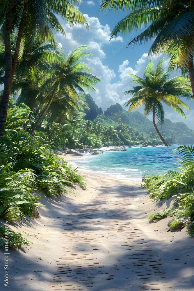 Fototapeta premium Tropical beach path, palm trees, ocean view, paradise landscape, travel brochure.