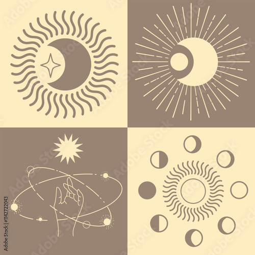 Astrological, esoteric symbols. Sun, stars, planets, moon, crescent