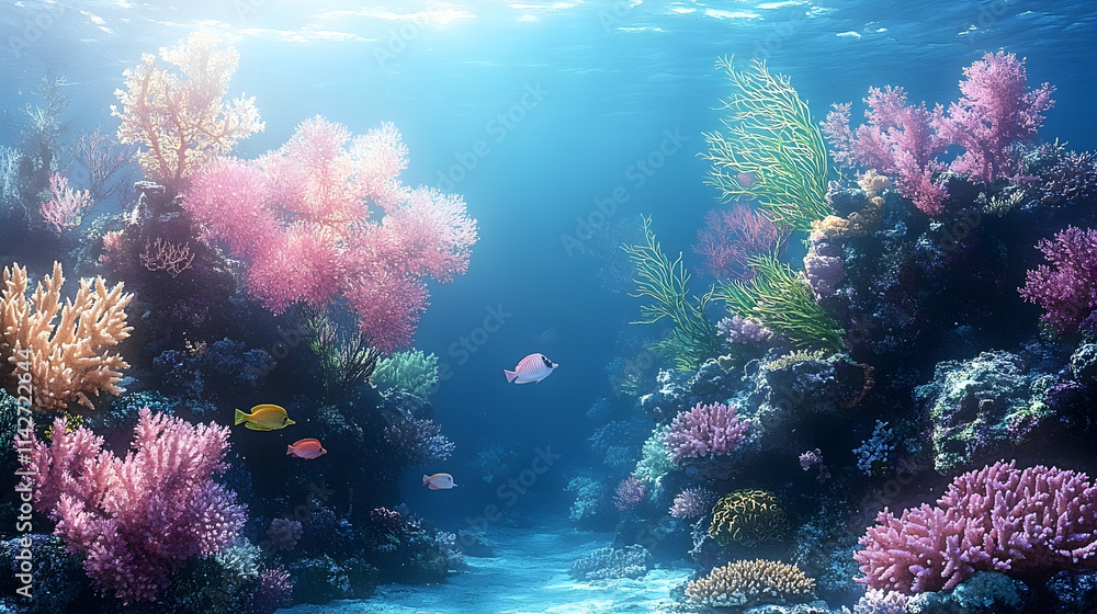 Naklejka premium Vibrant coral reef underwater scene, showcasing diverse marine life and sunlight, ideal for ocean conservation campaigns.
