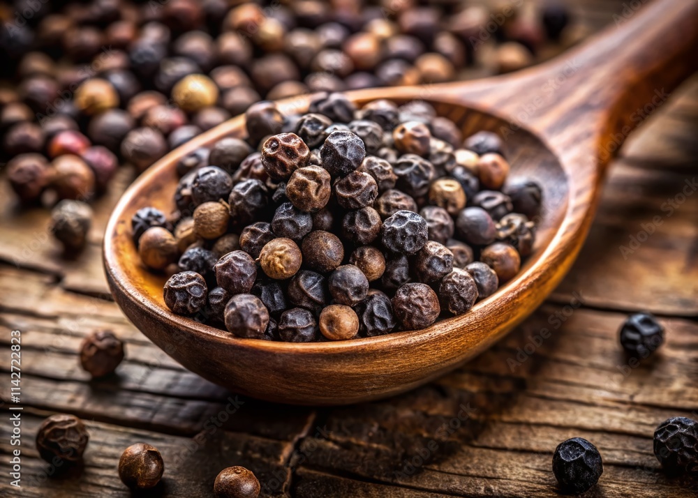 Macro Photography Black Peppercorns Wooden Spoon Spice Detail Closeup Macro Photography Black Peppercorns Wooden Spoon Spice Detail Closeup