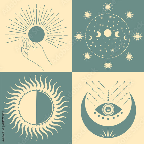Astrological, esoteric symbols. Sun, stars, planets, moon, crescent