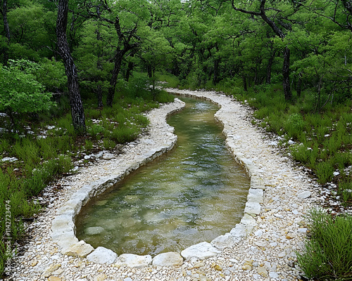 Winding creek path, lush forest backdrop, tranquil nature scene, meditation, eco-tourism. photo