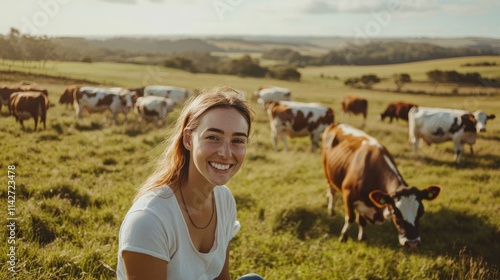 A smiling woman sits in a field with cows grazing in the background.