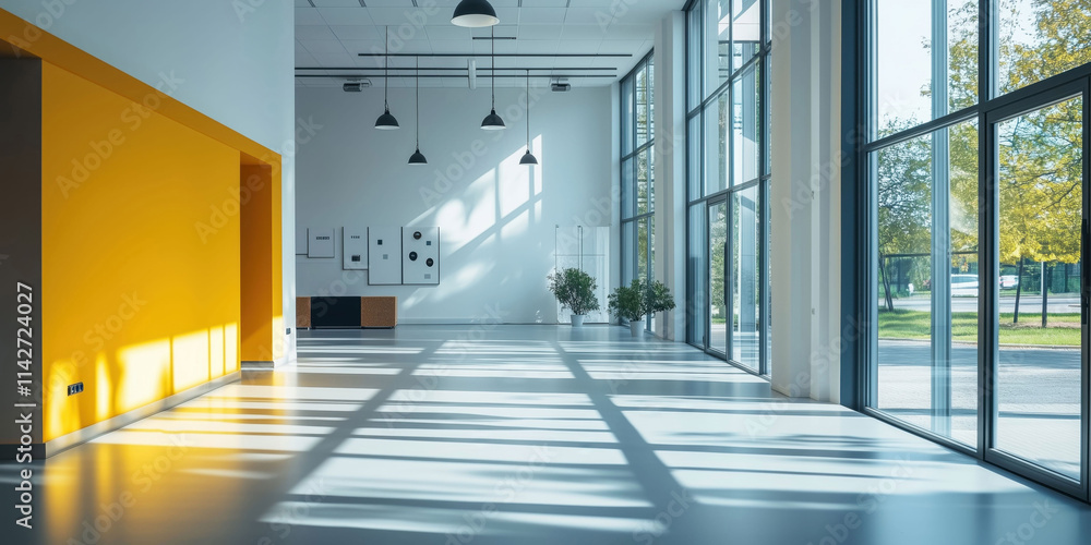 Fototapeta premium Expansive modern office with cinematic lighting and sunlit windows: bright, airy workspace ideal for corporate, startup