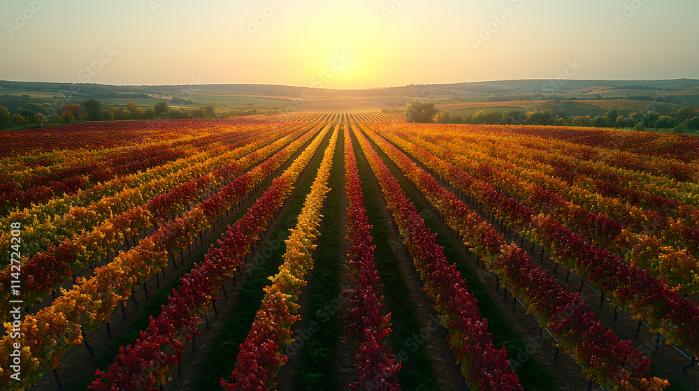 Aerial view of autumn vineyard at sunset, rolling hills background, wine industry. Aerial view of autumn vineyard at sunset, rolling hills background, wine industry.