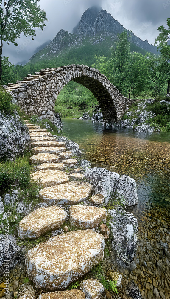 Ancient Stone Bridge Path, Mountain Landscape, Travel Poster. Ancient Stone Bridge Path, Mountain Landscape, Travel Poster.