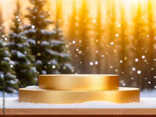 Golden Podium on Snowy Winter Background.